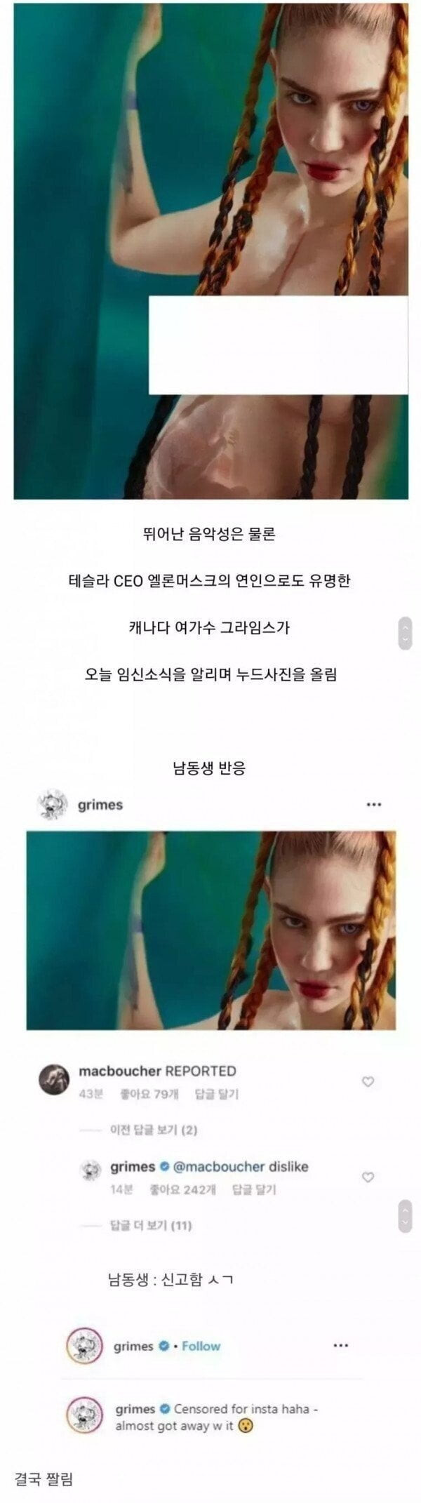 일론 머스크 애인이 임신하고 누드 사진을 올리자마자