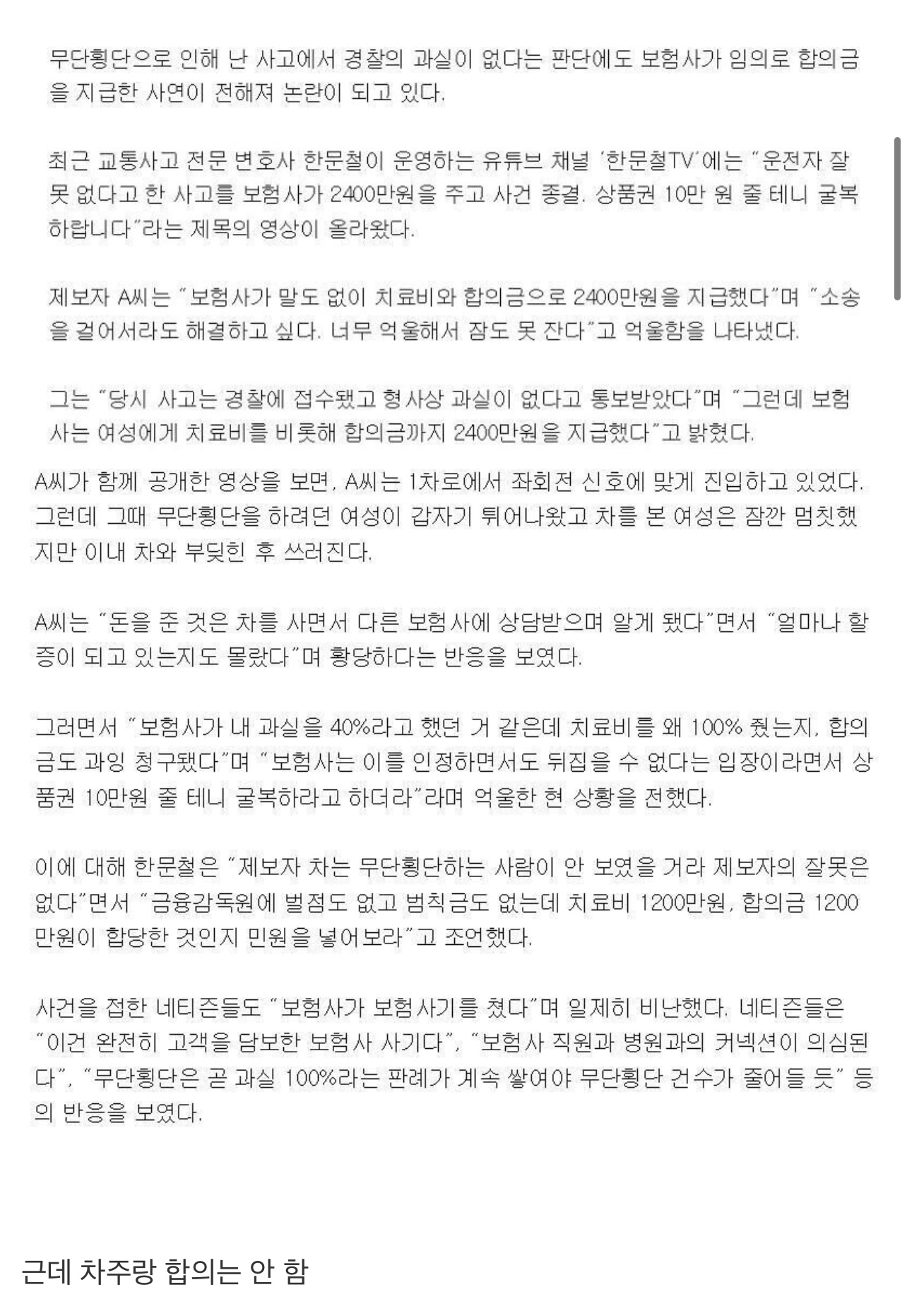 합의금 2400만원 줬다는 무단횡단 사고