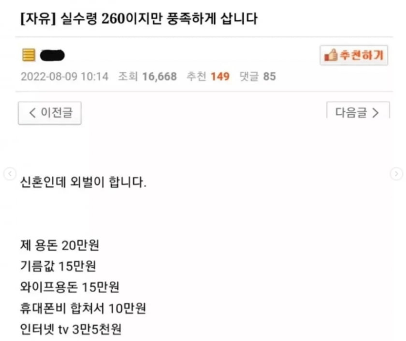 실수령 260이지만 풍족하게 삽니다