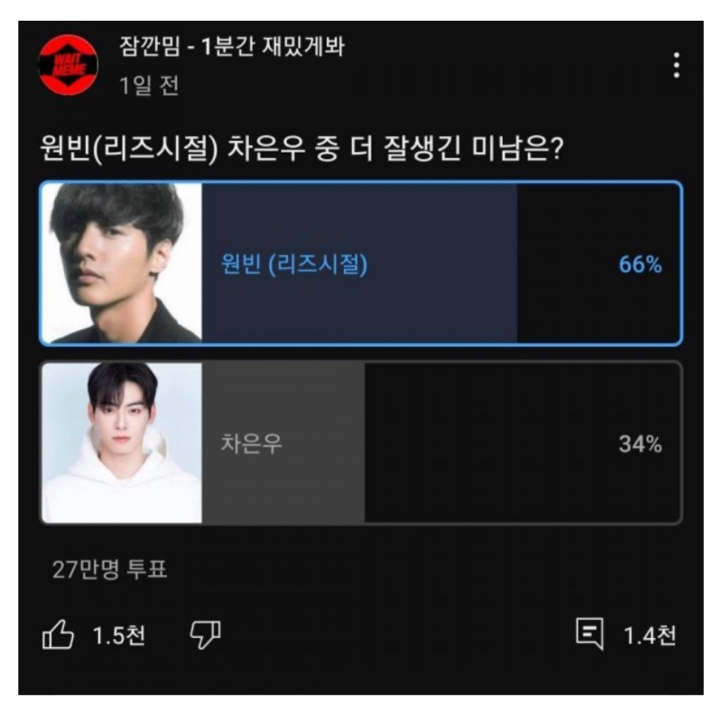 27만명이 투표한 원빈 vs 차은우 ㄷㄷㄷㄷ