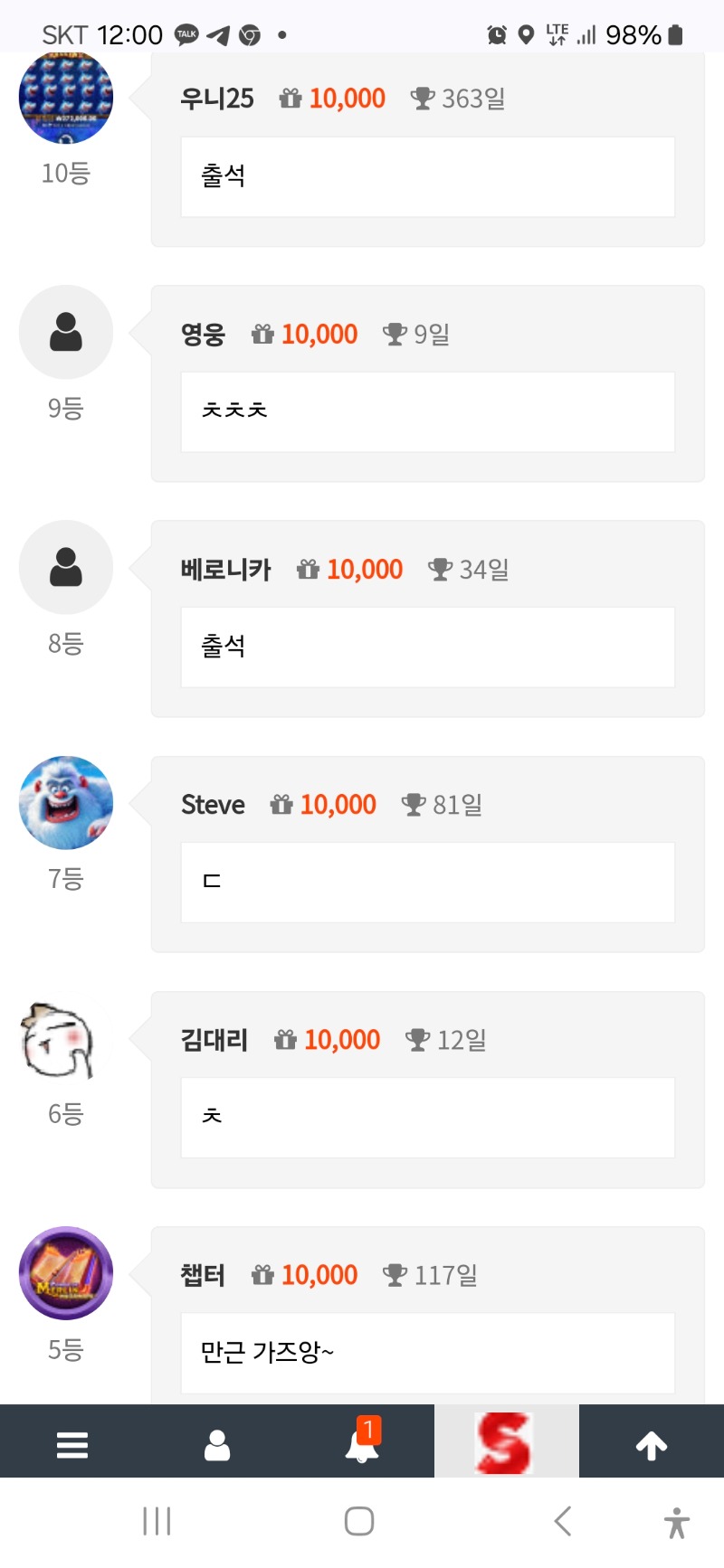 출석 10등 ㅅㅅㅅㅅㅅ!!