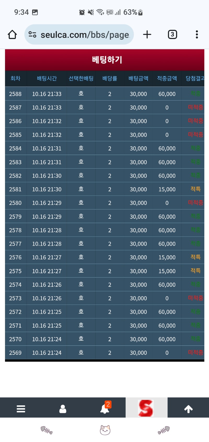 슬카 용호 무지성 배팅결과