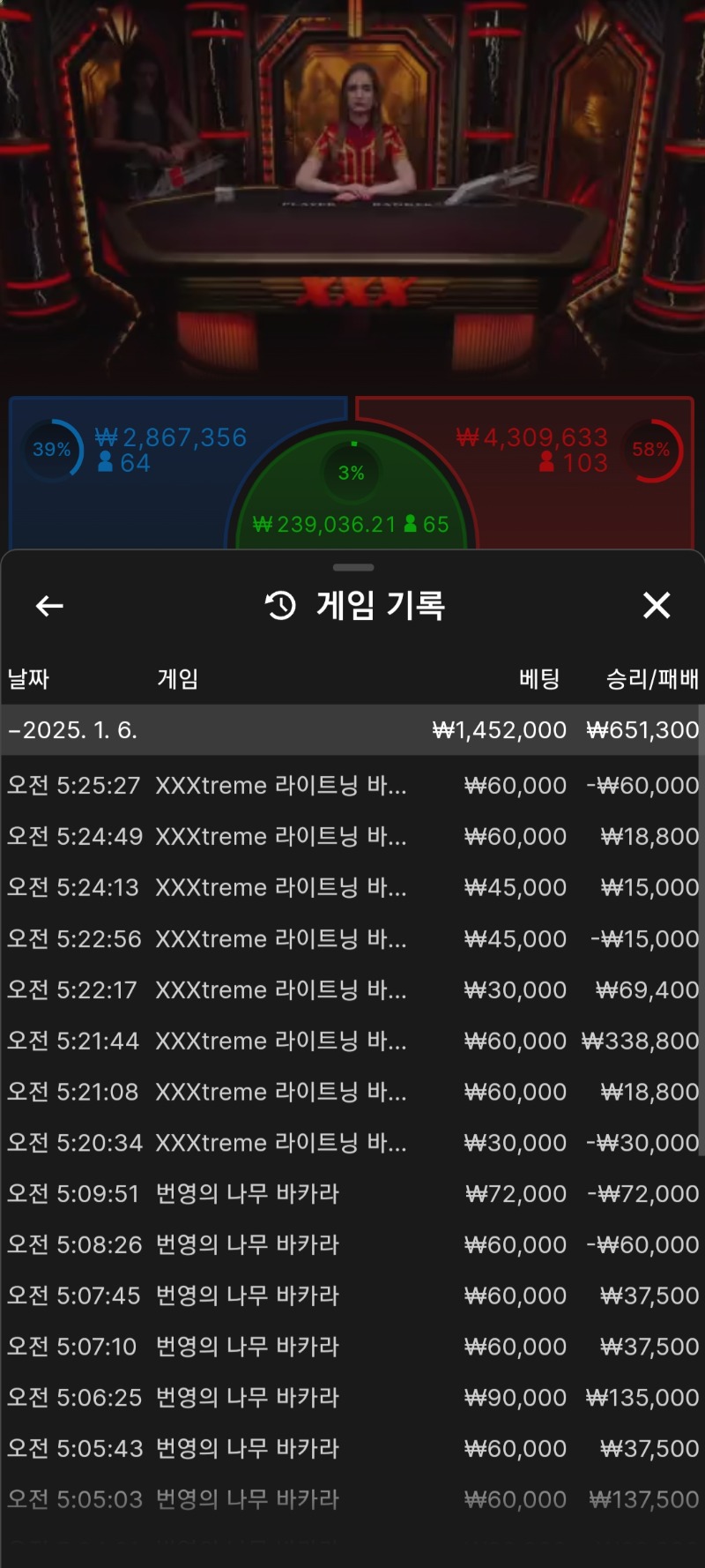 슬롯 빨린거 바카라로 복구했네요.
