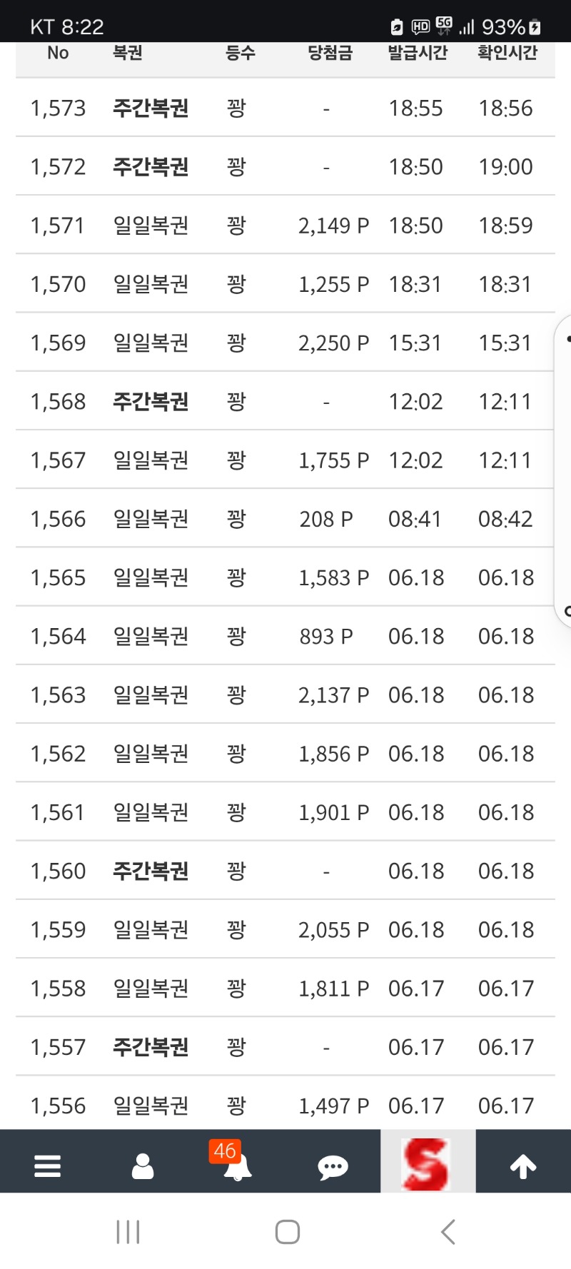 지금까지 복권 꽝 내역입니다