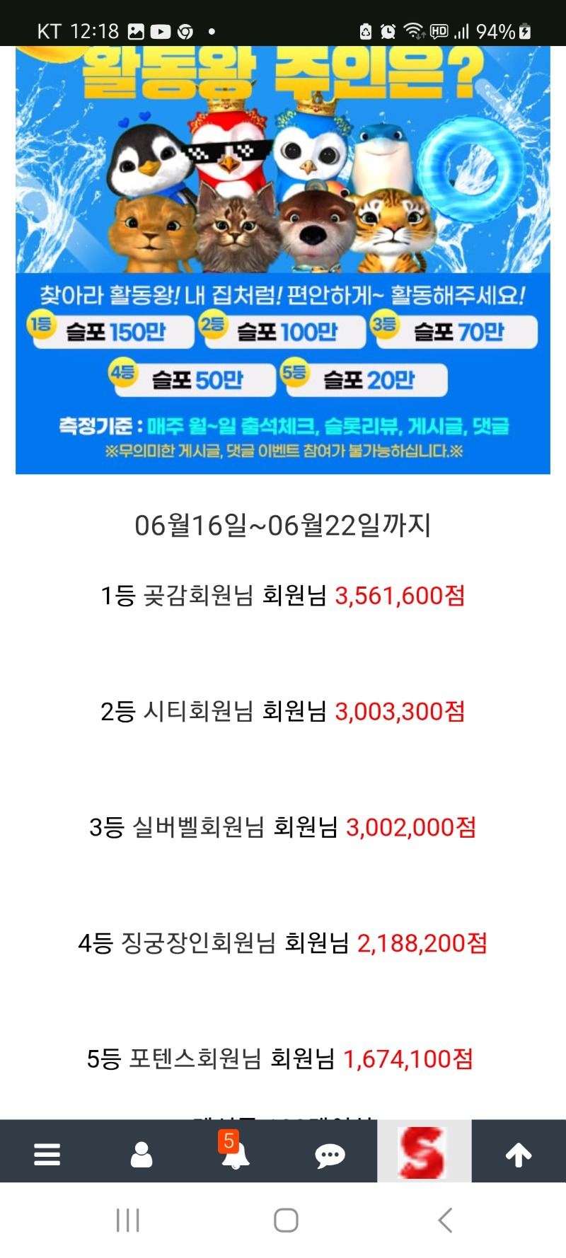 활동왕 5등 감사합니다