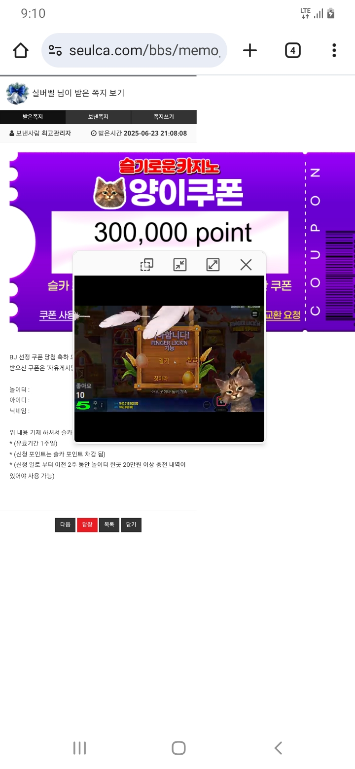 양이 쿠폰 당첨~~~