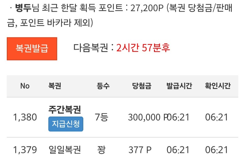 첫 쌍복에서 주복 7등당첨~