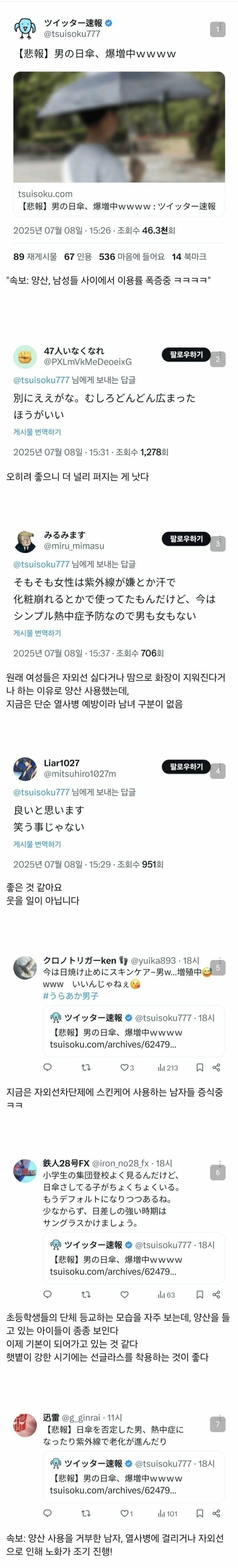 일본 남성 양산 이용률 폭증