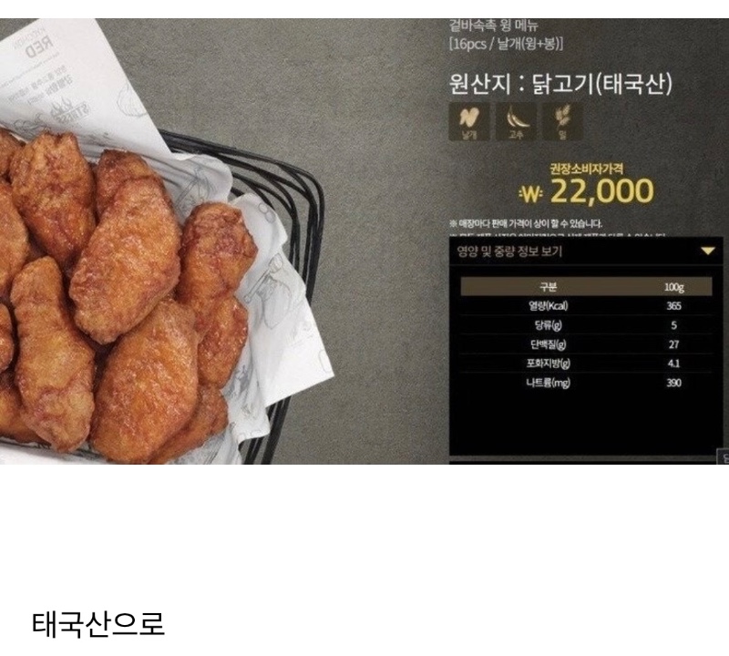 교촌 윙 메뉴 원산지 변경
