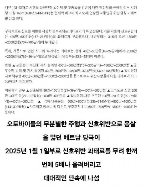 베트남 신호위반 금융치료 효과