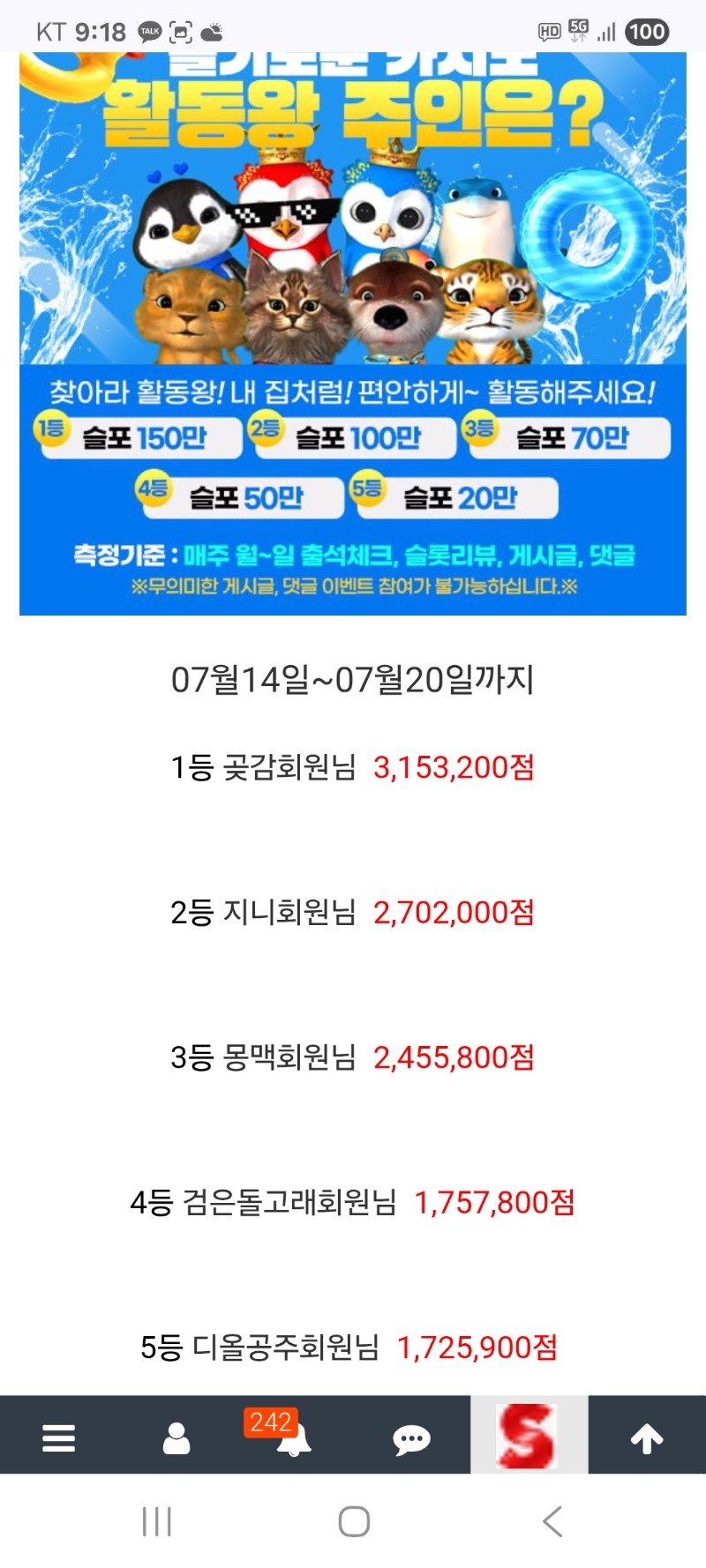활동왕 당첨자분들 고생하셨습니다