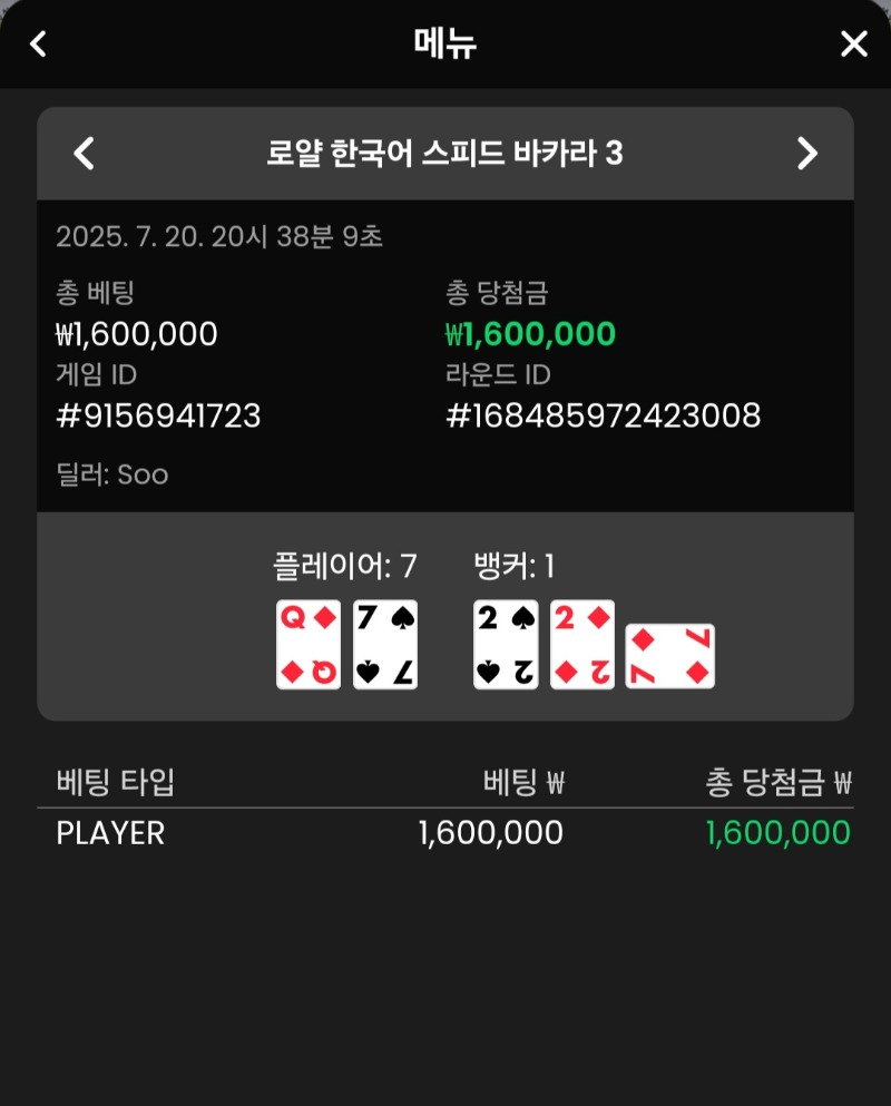 바카라 플레이어 한방 승