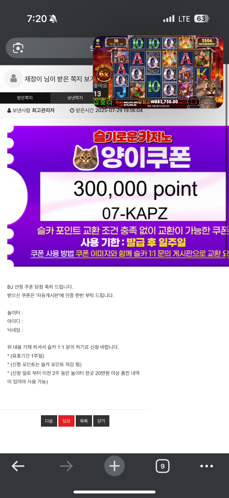 양이형 추겜 당첨