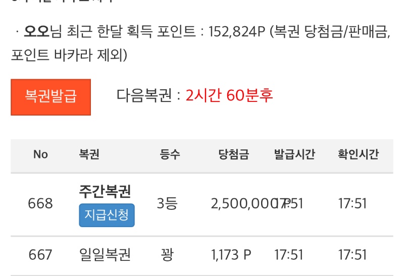주복 3등 당첨