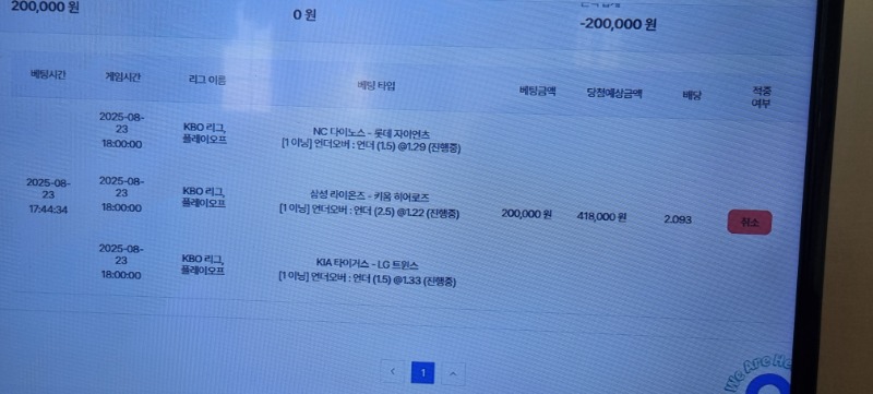 국야 1이닝 배팅 했네요